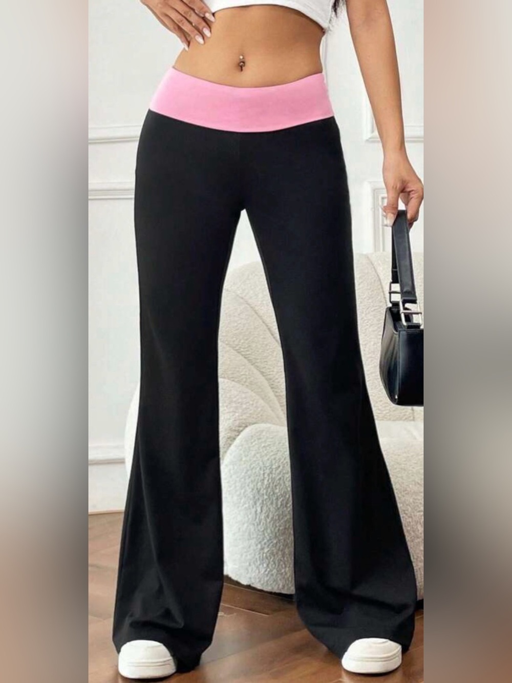 SHEIN Black Flared Yoga Pants with Pink Fold-Over Waistband